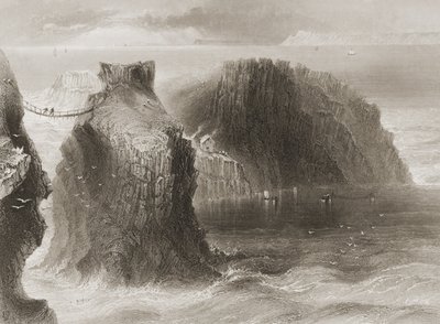 Lanový most Carrick-a-Rede, hrabství Antrim, Severní Irsko, z „Scenery and Antiquities of Ireland“ od George Virtue, 60. léta 19. století od William Henry Bartlett