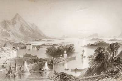 Clew Bay viděný z Westport, hrabství Mayo, z „Scenery and Antiquities of Ireland“ od George Virtue, 1860 od William Henry Bartlett