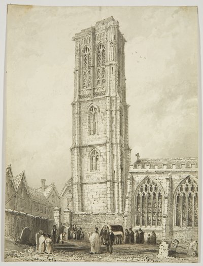 Exteriér chrámového kostela, zobrazující internaci, kolem roku 1825 (tužka a akvarel na papíře) od William Henry Bartlett