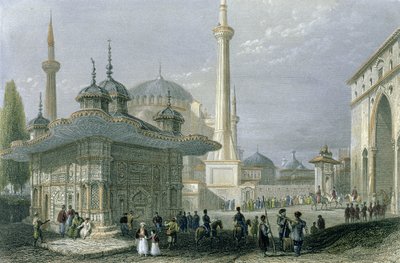 Fontána a náměstí St. Sophia, Istanbul, rytý T. Higham, c.1850 (akvatinta) od William Henry Bartlett