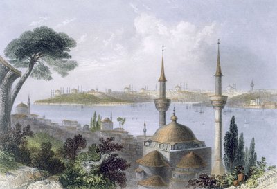 Celkový pohled na Konstantinopol ze Scutari, kolem roku 1850 (barevná akvatinta) od William Henry Bartlett