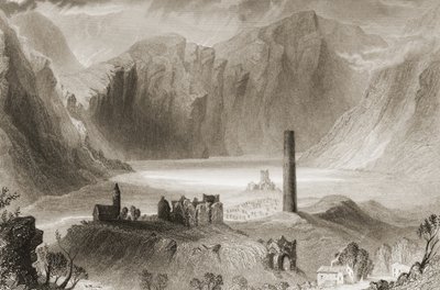 Glendalough, hrabství Wicklow, Irsko, z „Scenery and Antiquities of Ireland“ od George Virtue, 1860 od William Henry Bartlett