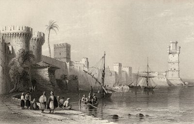 Harbour of Rhodes, Řecko, vyryto J.C. Armytage (1820-97) od William Henry Bartlett