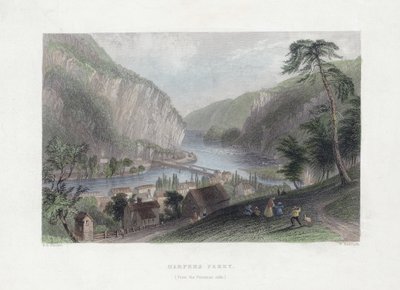 Harpers Ferry (ze strany Potomacu), pub. 1839 (ručně kolorovaná rytina) od William Henry Bartlett