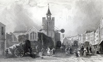 High St. s kostelem svatého Mikuláše, Colchester, Essex, rytina Charles Mottram, 1831 (rytina) od William Henry Bartlett