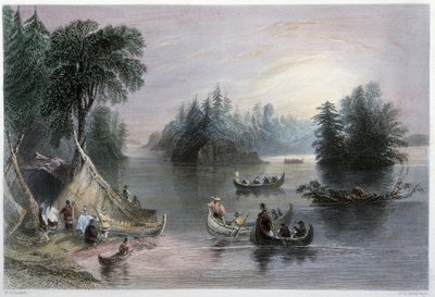 Indické týpí a kánoe, Banks of the St Laurent – v „“kanadské scenérii ilustrované“ W.H. Bartlett, Londýn od William Henry Bartlett