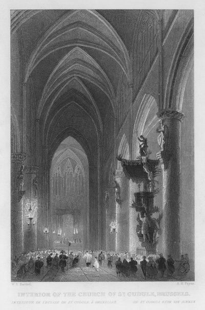 Interiér kostela St Gudule, Brusel (rytina) od William Henry Bartlett