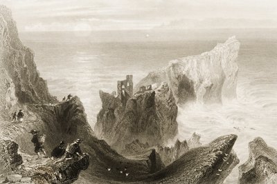 Hrad Kenbaan, poblíž Ballycastlu, hrabství Antrim, Severní Irsko, z knihy "Scenery and Antiquities of Ireland" od George Virtue, 60. léta 19. století od William Henry Bartlett