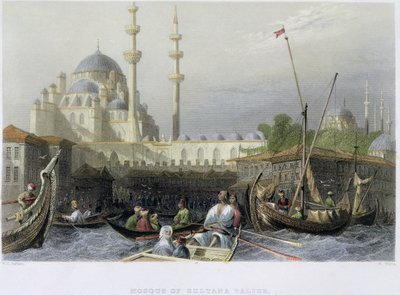 Mešita Sultana Valide z přístavu, rytina Williama Wallise, asi 1850 (akvatinta) od William Henry Bartlett