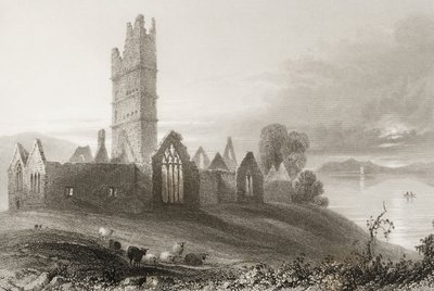 Moyne Abbey, County Mayo, Irsko, z „Scenery and Antiquities of Ireland“ od George Virtue, 1860 od William Henry Bartlett