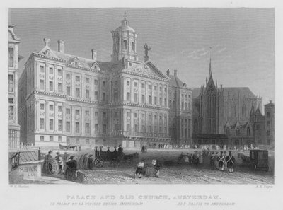 Palác a starý kostel, Amsterdam (rytina) od William Henry Bartlett