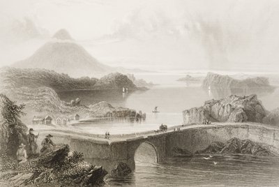 Pontonový most v Lough Conn, hrabství Mayo, Irsko, z „Scenery and Antiquities of Ireland“ od George Virtue, 60. léta 19. století od William Henry Bartlett