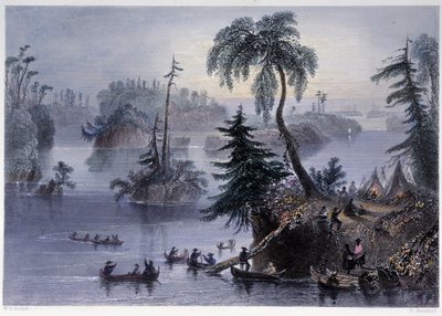 Scéna mezi tisíci ostrovy: Tábor a čluny, Mille îles – v „kanadské scenérii ilustrované“ Bartlettem W. H. od William Henry Bartlett