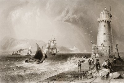 South Wall Lighthouse s Howth Hill in the Distance, Dublin, z „Scenery and Antiquities of Ireland“ od George Virtue, 60. léta 19. století od William Henry Bartlett