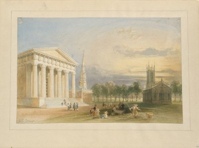 Studie pro Bartlettův pohled na Yale College a Statehouse od William Henry Bartlett