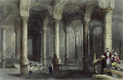 Cisterna Bin-Veber-Direg, neboli Tisíc a jedna, Istanbul, vyryla J. Carter, kolem roku 1850 (akvatinta) od William Henry Bartlett