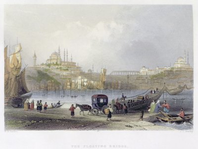 Plovoucí most, Istanbul, rytina J. C. Bentleyho, asi 1850 (akvatinta) od William Henry Bartlett