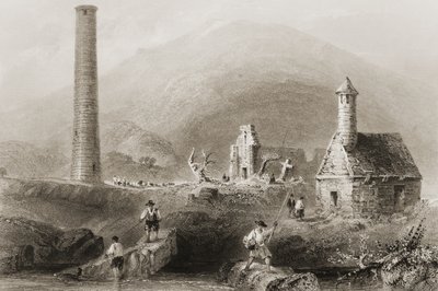 Ruiny v Glendalough, hrabství Wicklow, Irsko, z „Scenery and Antiquities of Ireland“ od George Virtue, 1860 od William Henry Bartlett