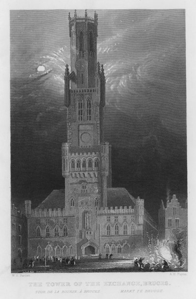 Věž výměny, Bruggy (rytina) od William Henry Bartlett