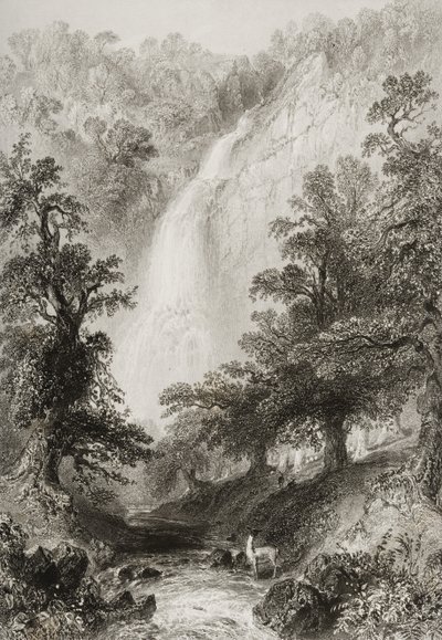 Vodopád, Powerscourt, hrabství Wicklow, Irsko, z „Scenery and Antiquities of Ireland“ od George Virtue, 1860 od William Henry Bartlett