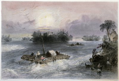 Přeprava dřeva a peřejí do vesnice Cedars – v „kanadské scenérii ilustrované“ Bartlettem W. H. od William Henry Bartlett