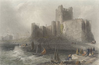 Pohled na hrad Carrickfergus (barevná rytina) od William Henry Bartlett