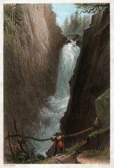 Vodopády Aar, v masivu Aar Gotthard, švýcarské Alpy. cca 1850 (rytina) od William Henry Bartlett