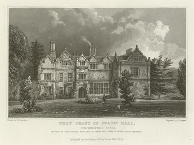 West Front of Spains Hall, Finchingfield, Essex, sídlo Johna Rugglese Brice, Esquire od William Henry Bartlett