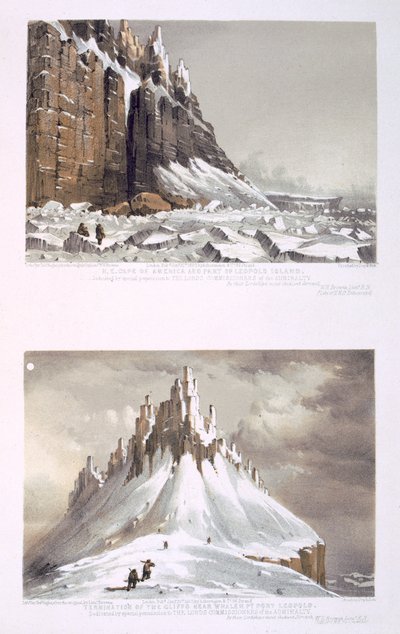 N.E. Cape of America a část Leopoldova ostrova (nahoře) a Termination of the Cliffs u Whaler Point, Port Leopold (dole) z „Deset barevných pohledů pořízených během arktické expedice Jejího Veličenstva“ od William Henry Browne