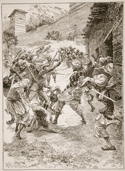 Poručík Harley se v čele čtyřiceti Sikhů a šedesáti Kašmírců vrhl na dům přes ústí dolu, ilustrace z knihy "Bitvy devatenáctého století" od Archibalda Forbese, G. A. Hentyho a dalších. od William Henry Charles Groome