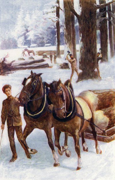 „Někteří se zabývali kácením stromů, jiní s koňmi, kteří táhli kmeny na saních po tvrdém sněhu“ (barva litho) od William Henry Charles Groome