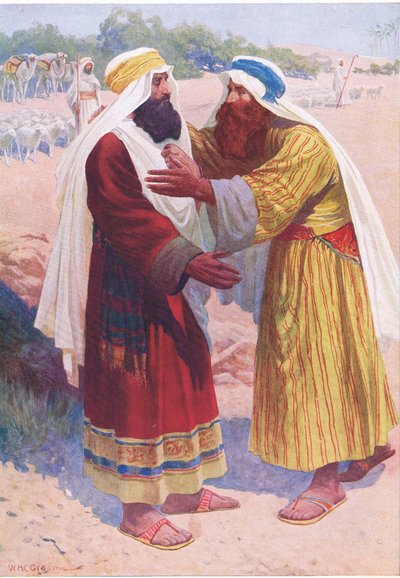Setkání Jákoba a Ezaua, z knihy The Bible Picture Book vydané nakladatelstvím Thomas Nelson, cca 1950. od William Henry Charles Groome
