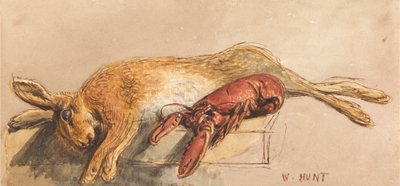 Mrtvý zajíc a vařený humr na lavičce od William Henry Hunt