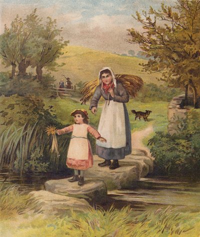 Žena a dívka překračují potok přes nášlapné kameny (chromolit) od William Henry James (after) Boot