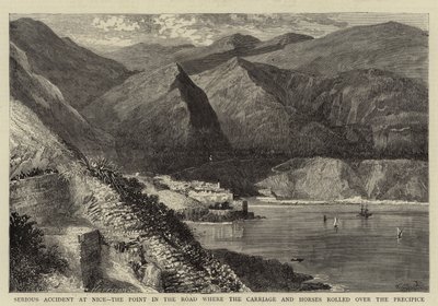 Vážná nehoda v Nice, v místě na cestě, kde se kočár a koně převalily přes sráz od William Henry James Boot