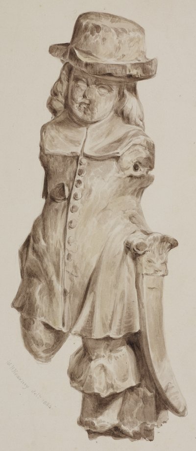 Vyřezávaná postava v dubu, najednou ve dveřích domu postaveného na místě Boars Head Tavern, Eastcheap, 1834 (umýt na papíře) od William Henry Kearney