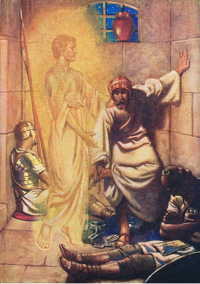 Petr vysvobozen z vězení, z knihy The Bible Picture Book vydané nakladatelstvím Thomas Nelson, cca 1950. od William Henry Margetson