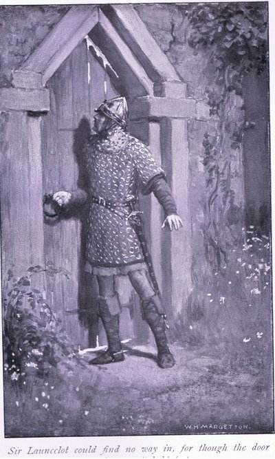 Sir Launcelot nemohl najít cestu dovnitř, protože ačkoli byly dveře staré a opotřebované, držely pevně. od William Henry Margetson