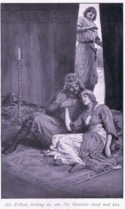 Když sir Pelleas nahlédl dovnitř, uviděl, jak se sir Gawaine sklonil a políbil paní Ettardovou. od William Henry Margetson