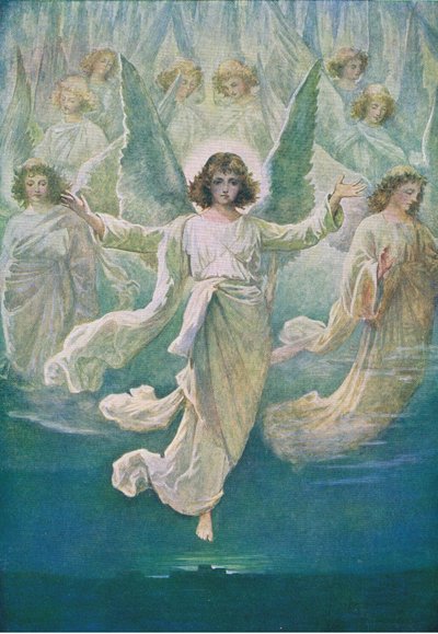 Andělský sbor, z The Bible Picture Book vydané Thomasem Nelsonem, kolem roku 1950 od William Henry Margetson