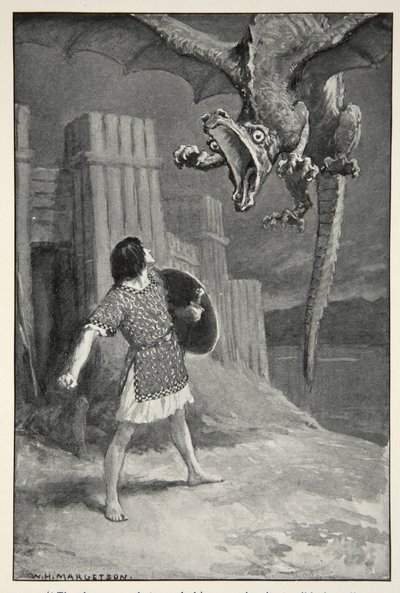 Drak se k němu ponořil a otevřel své hrozné čelisti z „Hrdinských mýtů a legend britské rasy“ od M.I. Ebbutt, 1910 od William Henry Margetson