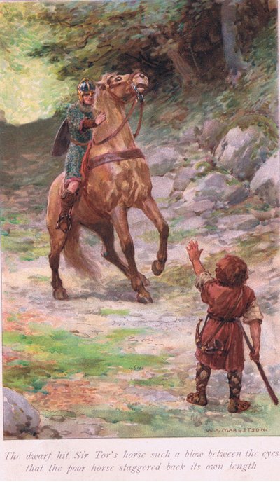 Trpaslík zasáhl koně sira Tora takovou ránu mezi oči, že ubohý kůň zavrávoral o svou délku. od William Henry Margetson