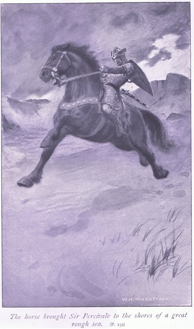 Kůň přivedl sira Percivala na břehy velkého rozbouřeného moře od William Henry Margetson