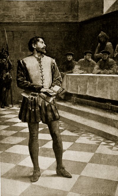 Proces s Adamem Wallacem, 1550, ilustrace z „Hutchinsonova příběhu britského národa“, kolem roku 1923 od William Henry Margetson