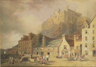 Edinburský hrad z Trhu trávy, s výhledem na Malý západní přístav, asi 1820 (čb a sépie) od William Henry Stothard