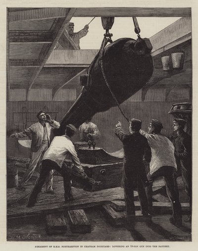 Výzbroj HMS Northampton v Chatham Dockyard, spouštění 18tunové dělo do baterie od William Heysham Overend
