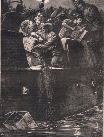 Bostonští chlapci převlečení za indiány házeli truhly s čajem do přístavu v roce 1773 od William Heysham Overend