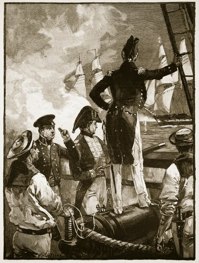 Kapitán Walpole při zadržování lodí vévody ze Saldanhy, ilustrace z knihy "Cassell