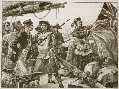 Čínští důstojníci táhnoucí dolů britskou vlajku na 