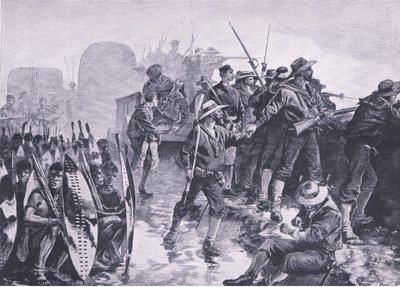 Obrana ležení před útokem Zuluů, ilustrace z knihy Britské bitvy na souši a na moři , 1915 od William Heysham Overend